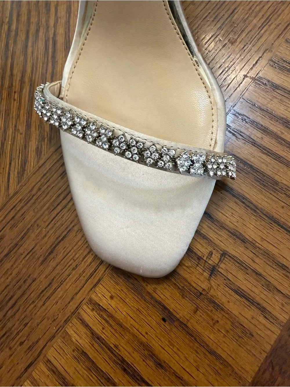 Jewel Badgley Mischka Blush Cream Satin Crystal-Strap Ankle-Heels